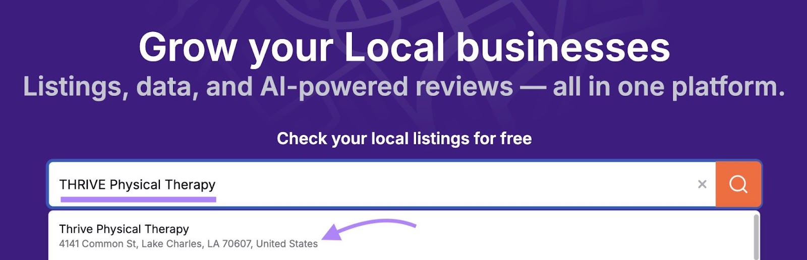 Local dashboard tool start on Semrush with a business name entered and the listing clicked when it appears in the dropdown.